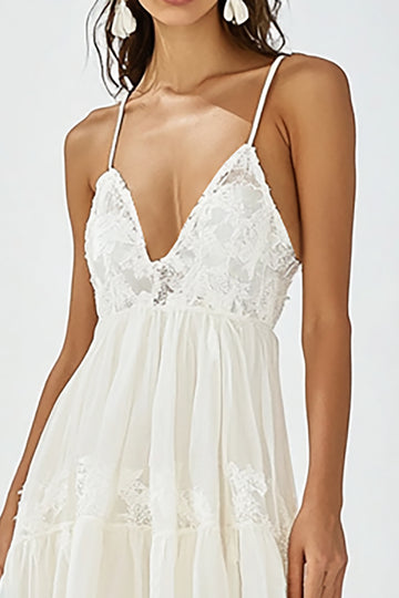 White A Line Spaghetti Straps Party Dress With Lace